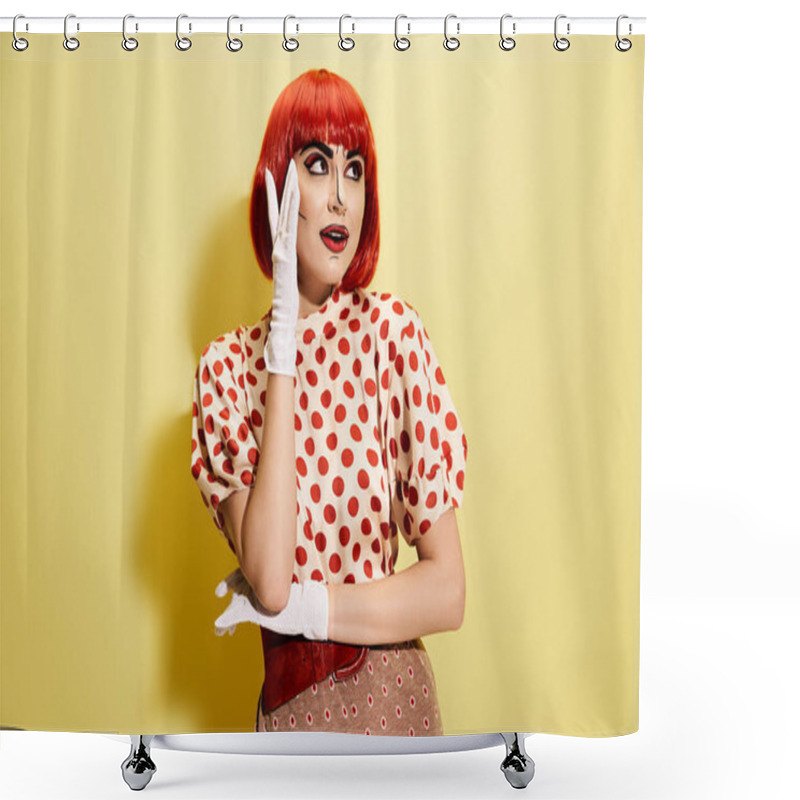 Personality  A Lively Redhead Woman With Striking Pop Art Makeup And Polka Dot Blouse, Looking Surprised Against A Bright Yellow Backdrop. Shower Curtains