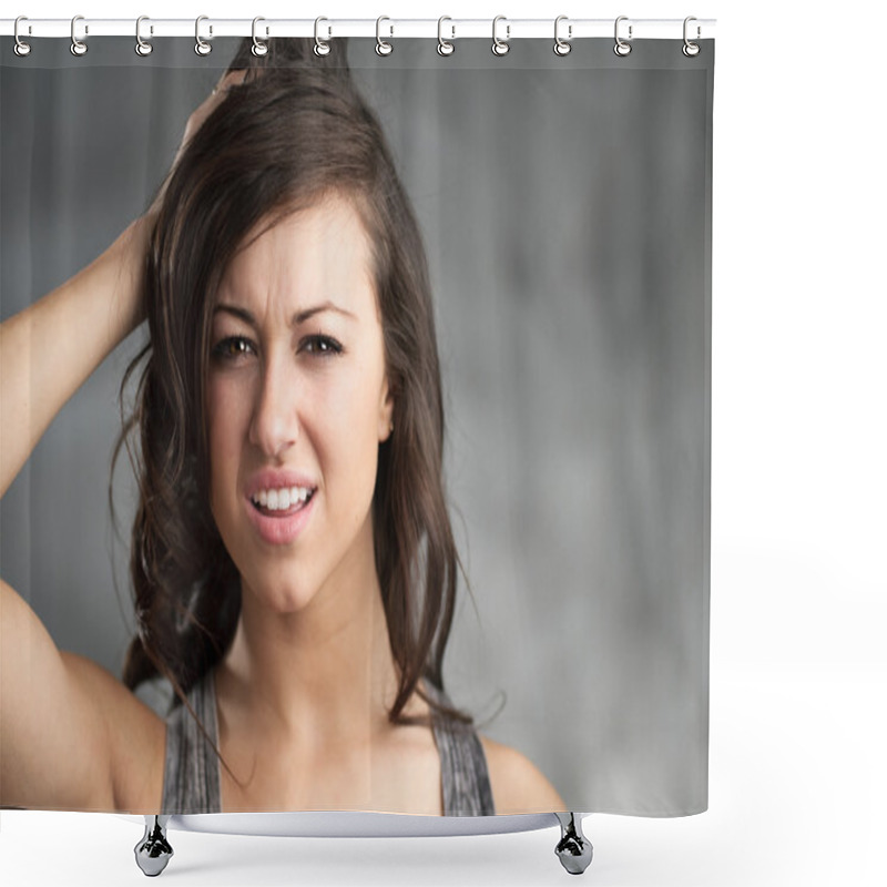 Personality  Confused Young Caucasian Woman Portrait Shower Curtains