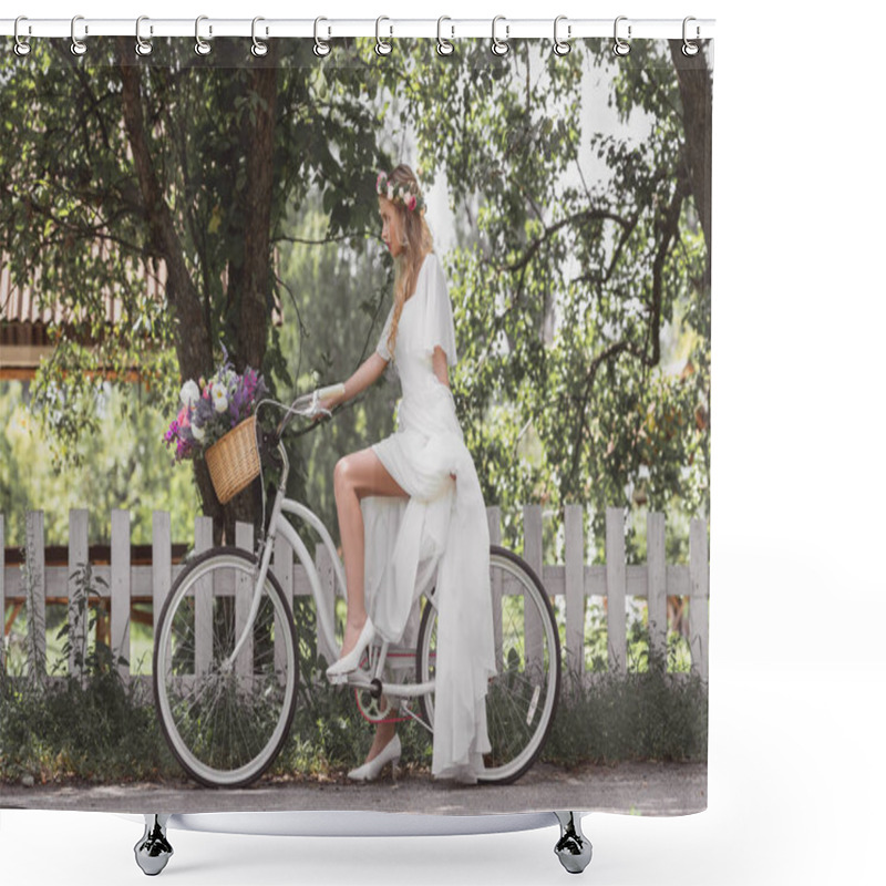 Personality  Side View Of Beautiful Young Bride In Wedding Dress Riding Bicycle And Looking Away Shower Curtains