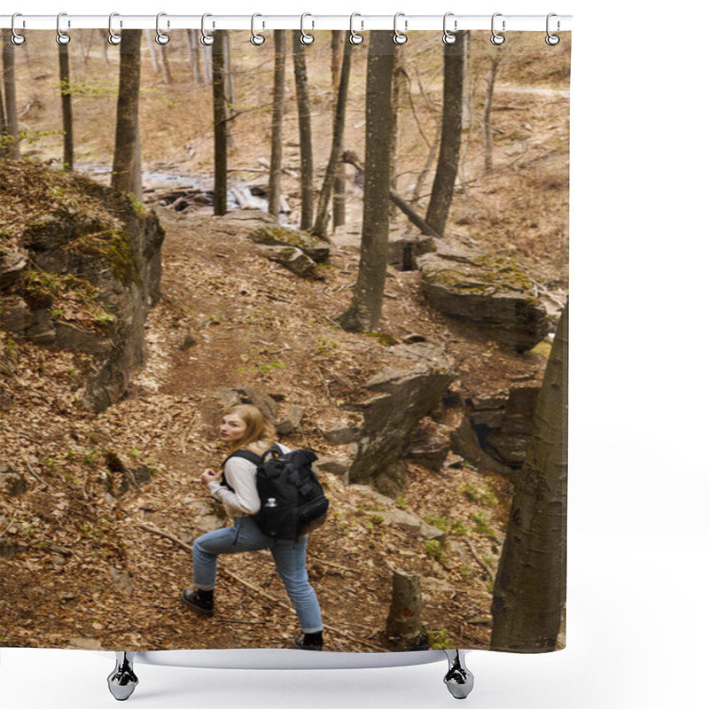 Personality  Back View Of Cheerful Blonde Female Hiker Wearing Backpack Crossing The Forest With Stream Shower Curtains