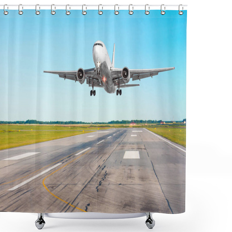 Personality  Airplane Aircraft Flying Departure After Flight, Landing On A Runway In The Good Weather Clear Sky Day Shower Curtains