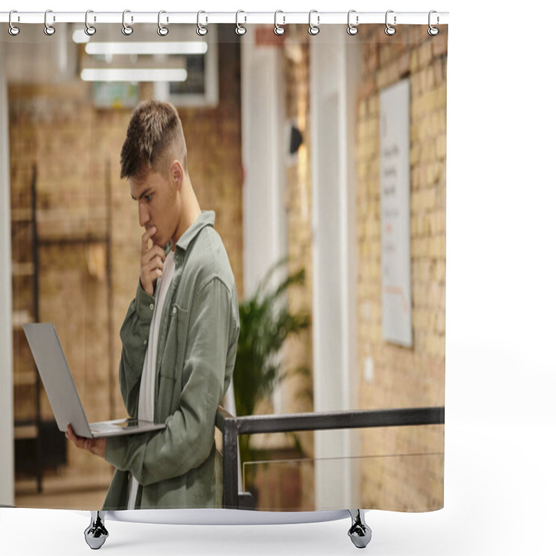 Personality  Pensive Man Using Laptop, Standing In Modern Coworking, Office Environment, Generation Z, Startup Shower Curtains