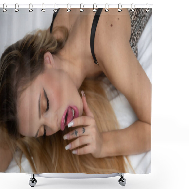 Personality  Beautiful Girl With A Seductive Gaze, The Charm Of A Blonde Revealed In A Subtle Portrait Shower Curtains