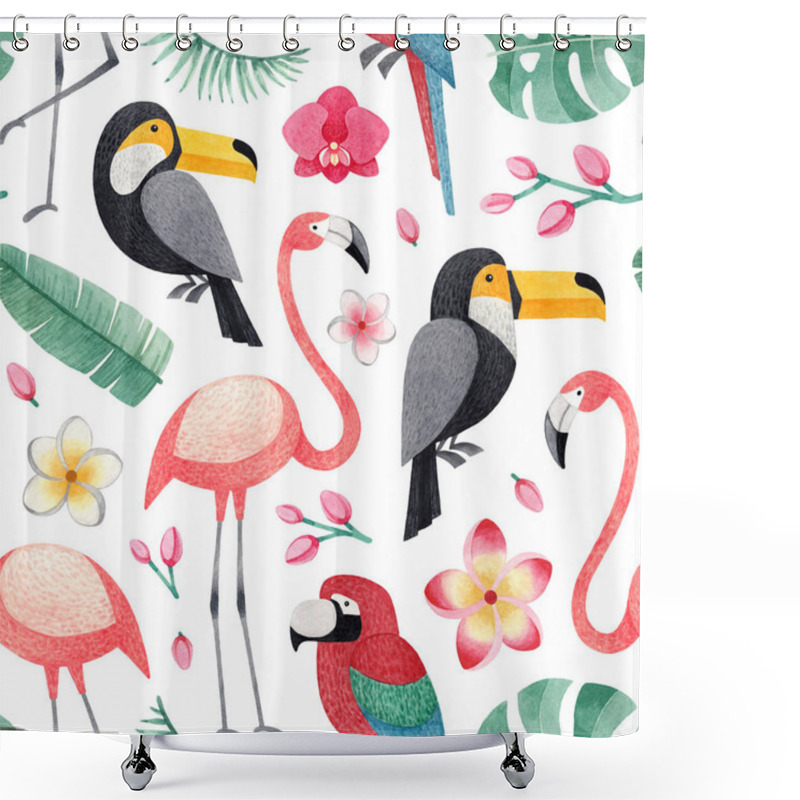 Personality  Watercolor Illustrations Of Birds, Tropical Flowers And Leaves. Seamless Tropical Pattern Shower Curtains