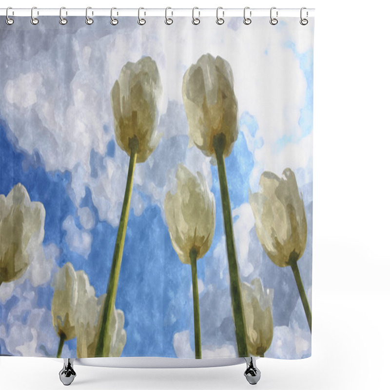 Personality  White Tulips On Cloudy Sky Background Watercolour Illustration Shower Curtains