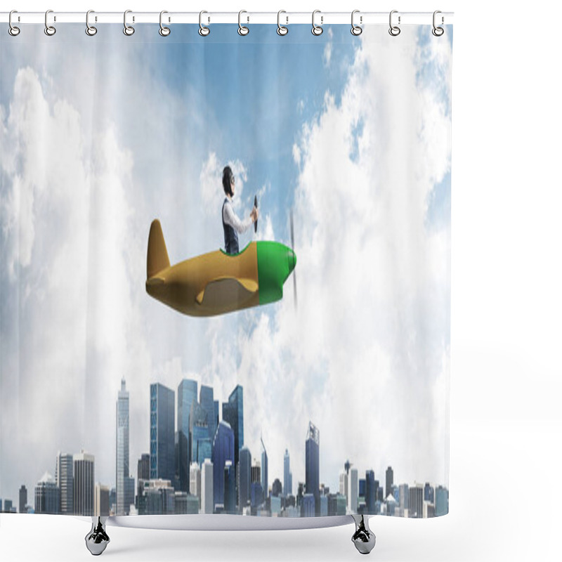 Personality  Business Direction And Motivation Concept With Pilot Sitting In Cabin Of Small Airplane. Funny Man In Aviator Hat And Goggles Driving Propeller Plane Above City. Modern Metropolis With High Buildings Shower Curtains