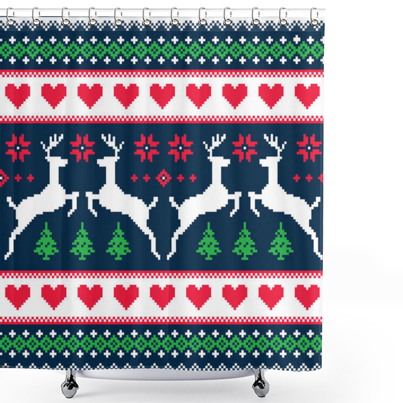 Personality  Winter, Christmas Seamless Pixelated Pattern With Deer And Hearts Shower Curtains