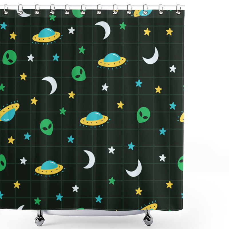 Personality  Alien, Ufo, Moon, Star Outer Space Pattern. A Playful, Modern, And Flexible Pattern For Brand Who Has Cute And Fun Style. Repeated Pattern. Happy, Bright, And Magical Mood. Shower Curtains