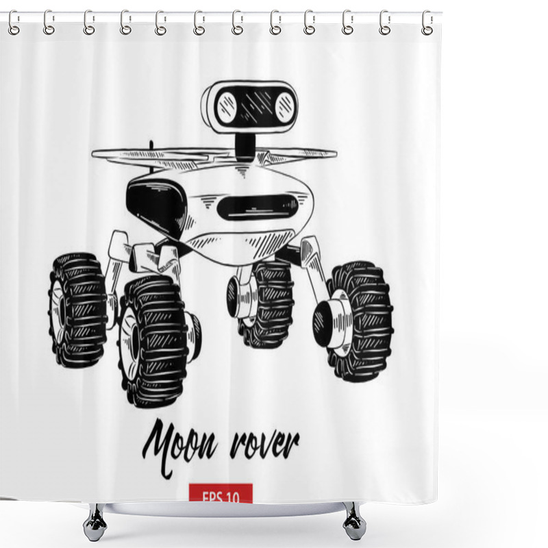 Personality  Vector Engraved Style Illustration For Posters, Decoration And Print. Hand Drawn Sketch Of Moon Rover In Black Isolated On White Background. Detailed Vintage Etching Style Drawing. Shower Curtains