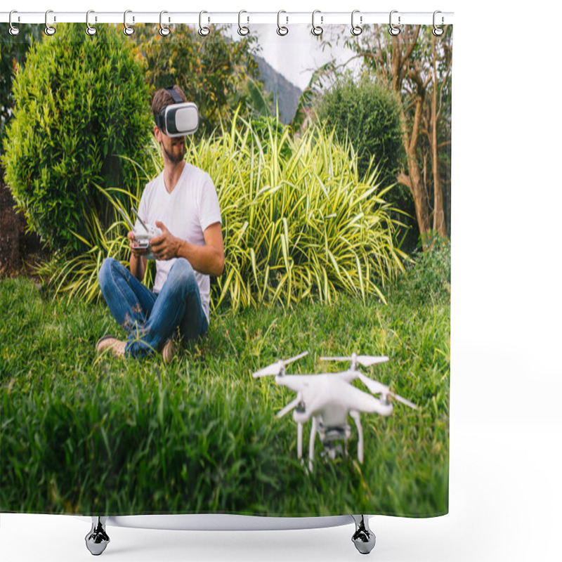 Personality  A Man In A Virtual Reality Helmet Shower Curtains