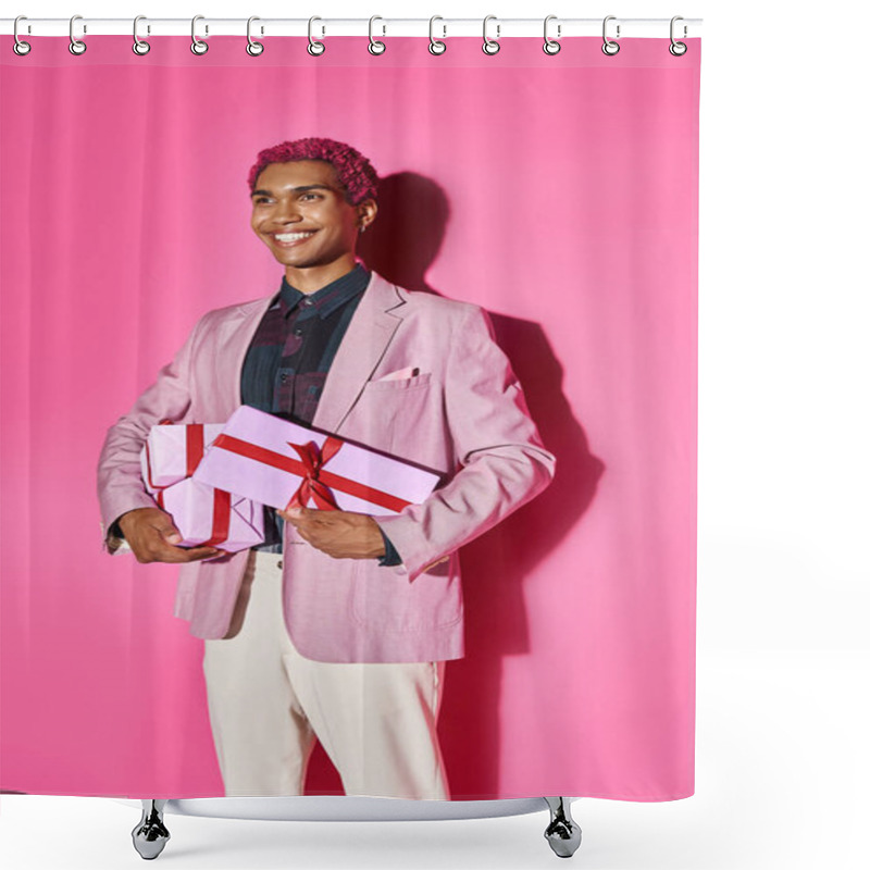 Personality  Cheerful African American Man In Vibrant Attire Posing With Presents In Hands On Pink Backdrop Shower Curtains