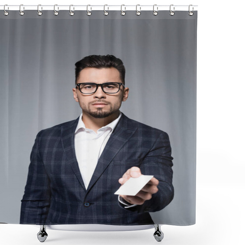 Personality  Businessman In Glasses And Blazer Offering Blank Card Isolated On Grey Shower Curtains