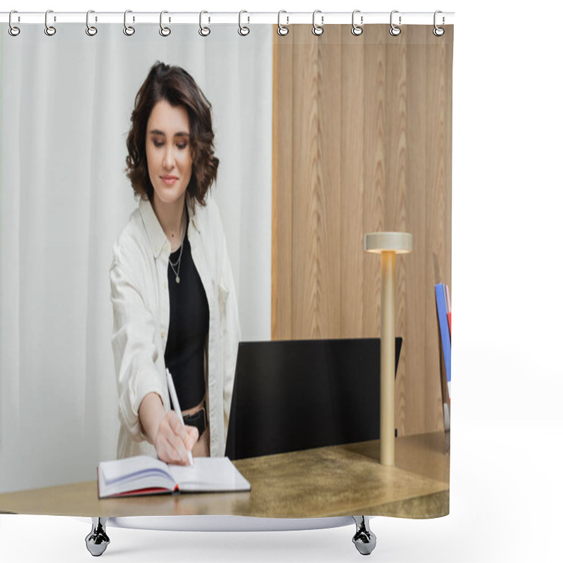 Personality  Friendly Concierge In Stylish Casual Clothes, With Wavy Brunette Hair Writing In Notebook Near Computer Monitor And Lamp While Working At Reception Desk In Lobby Of Contemporary Hotel Shower Curtains