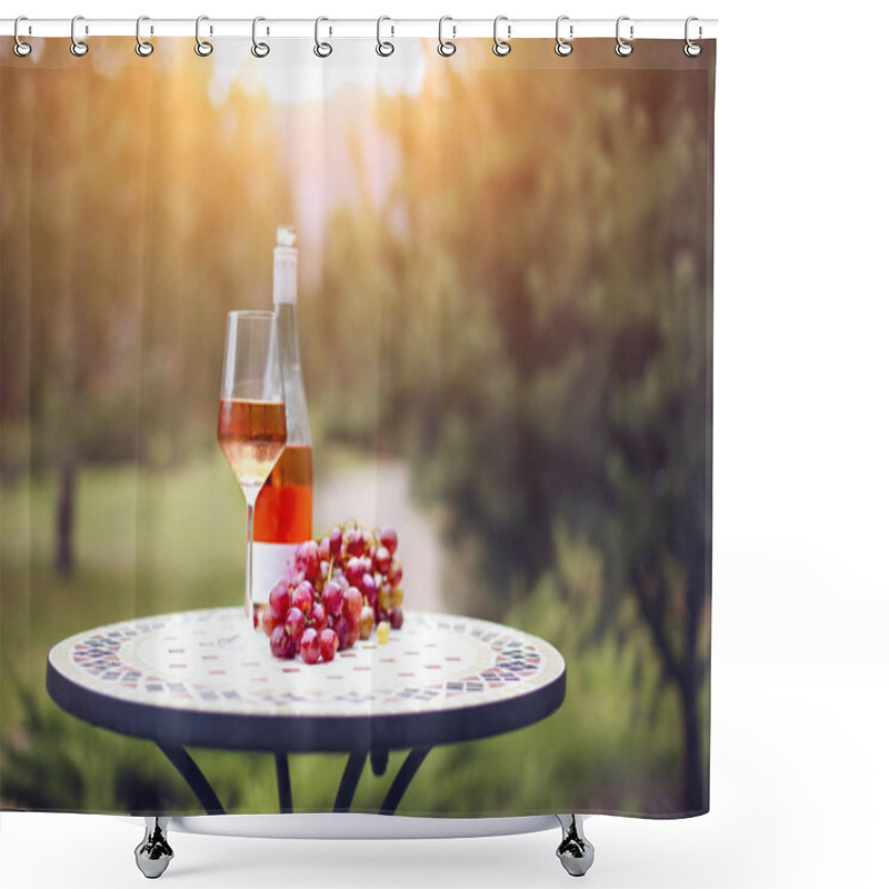 Personality  One Glass And Bottle Of Rose Wine In Autumn Vineyard On Marble T Shower Curtains