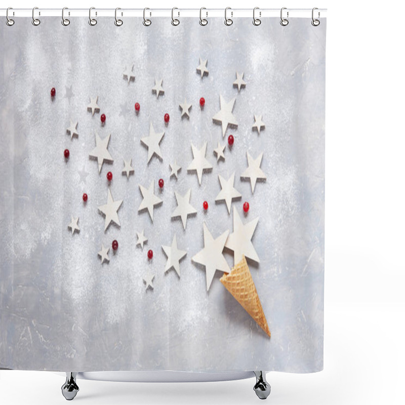 Personality  Christmas Creativity Concept With  Cranberries And Stars In The Waffle Cone Sprinkled With Powdered Sugar.  Flat Lay, Close-up, Top View On Light  Wooden Table, Place For Your Text Shower Curtains