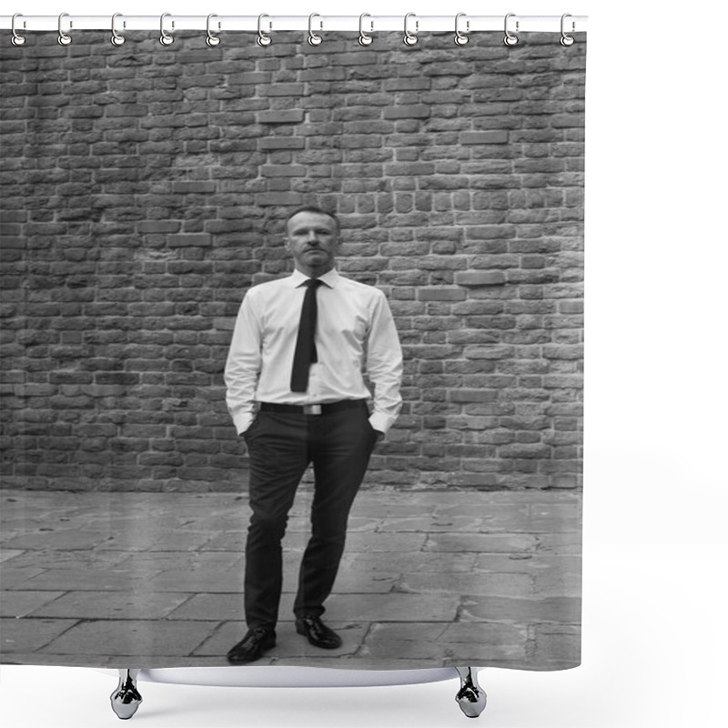 Personality  Smart Casual Handsome Mature Man Stands Over Old House, Building Of European City And Looking At Camera. Hands In Pockets. Minimalism Style. Monochrome Outdoor Shot Shower Curtains