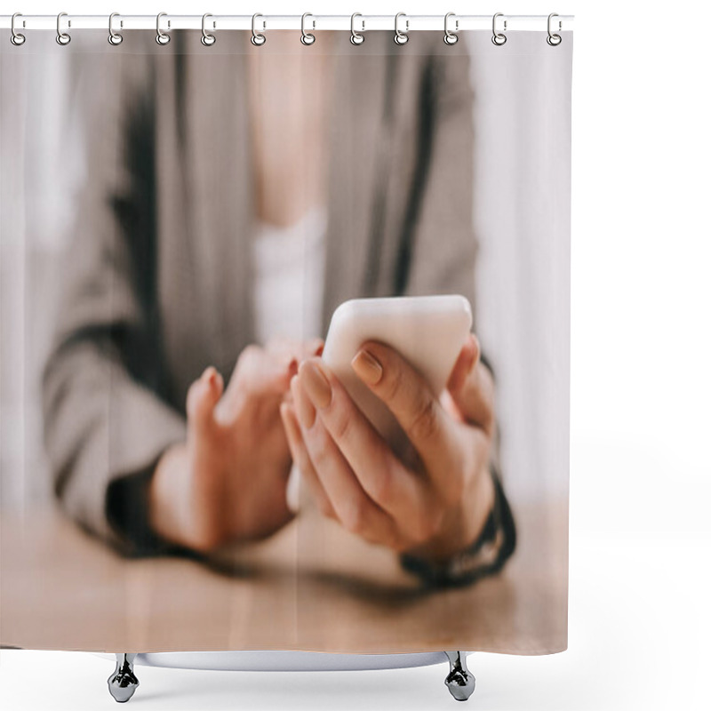 Personality  Cropped View Of Businesswoman Using Smartphone In Office Shower Curtains