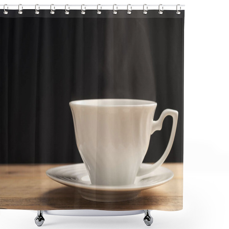 Personality  A White Cup Of Coffee Or Tea With Smoke On Old Wooden Table On Black Background. Hot Drink. Shower Curtains