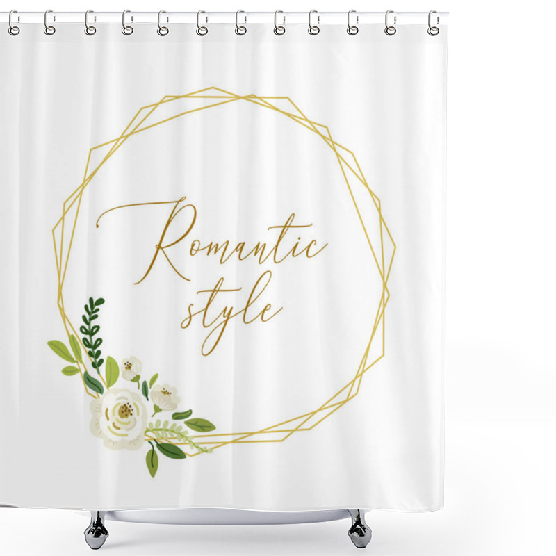 Personality  Cute Botanical Theme Geometric Frame Background With Bouquets Of Hand Drawn Rustic White Roses And Green Leaves Branches Shower Curtains