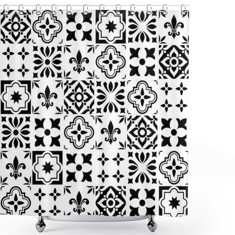 Personality  Geometric Vector Tile Design, Portuguese Or Spanish Seamless Black And White Tiles, Azulejos Pattern Shower Curtains