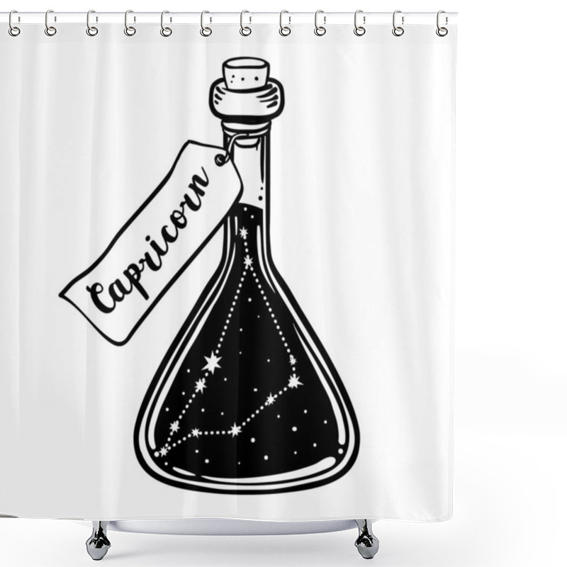 Personality  Glass Bottle With Zodiac Capricorn Constellation Inside. Vector Ink Illustration. Doodle Style Sketch, Black And White Drawing Isolated. Design For Coloring Book Page Shower Curtains