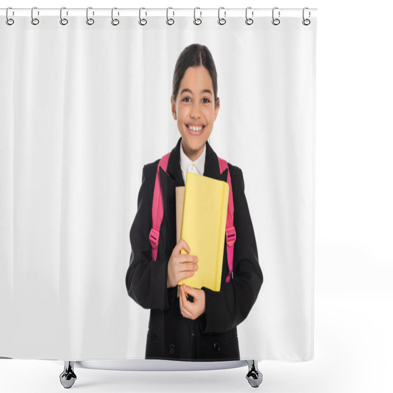 Personality  Happy Schoolgirl Looking At Camera And Holding Notebooks Isolated On White, Student, Back To School Shower Curtains