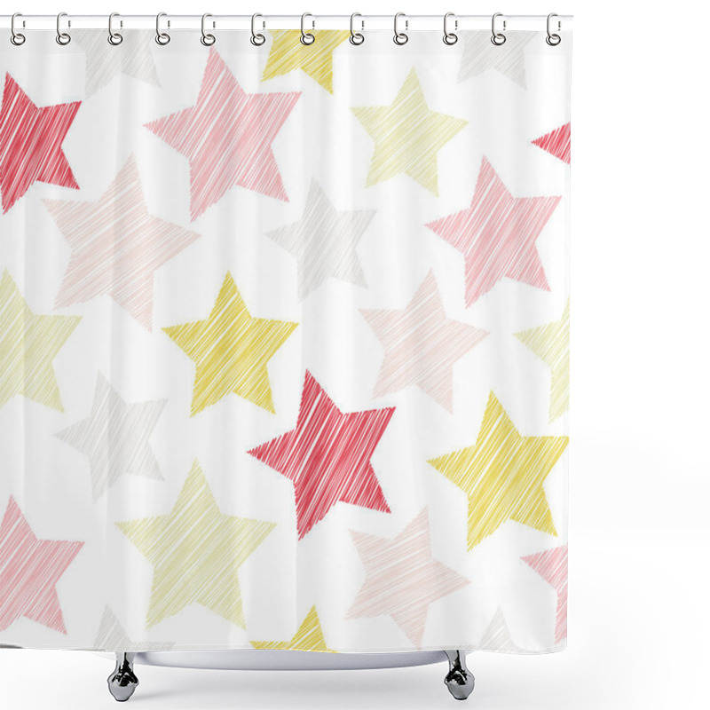 Personality  Sketch Seamless Pattern With Stars. Red, Pink Stars On White Background. Vector Shower Curtains