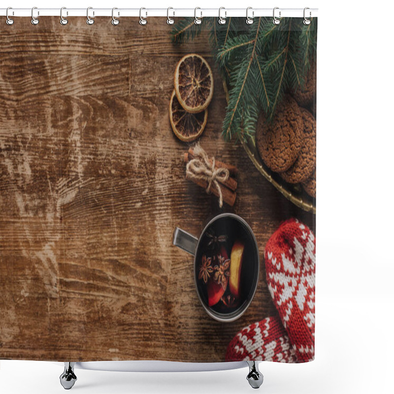 Personality  Elevated View Of Mulled Wine In Cup, Mittens And Cookies On Wooden Tabletop, Christmas Concept Shower Curtains