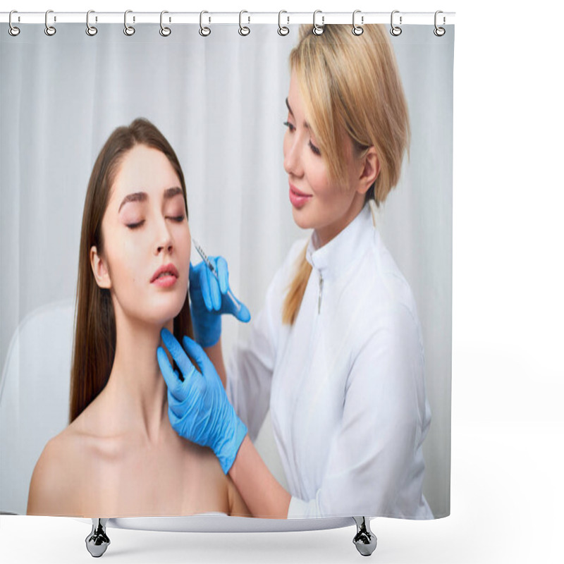 Personality  Beautician Doctor With Botulinum Toxin Syringe Making Injection To To Remove Crows Feet. Cheek Volume Enhance Mesotherapy. Anti-aging Treatment And Face Lift In Cosmetology Clinic. Shower Curtains