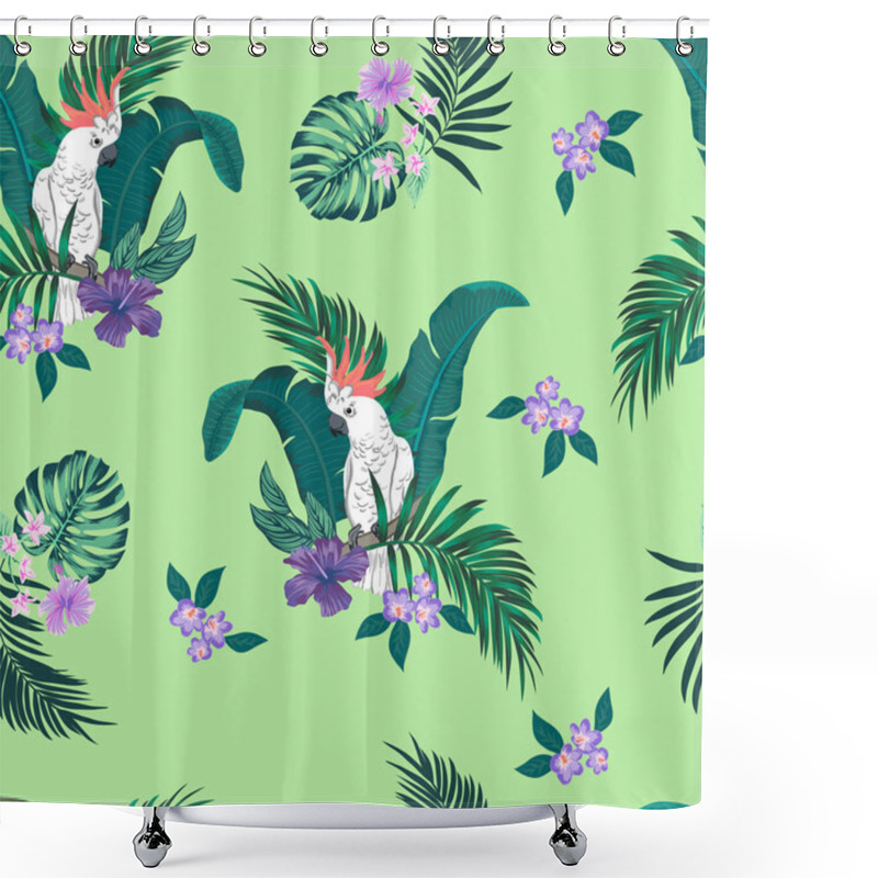 Personality  Vector Seamless Botanical Tropical Pattern With Parrots And Flowers. Floral Exotic Background Design With Banana Leaf, Areca Palm Leaves, Monstera Leaves, Hibiscus Flowers, Frangipani. Shower Curtains