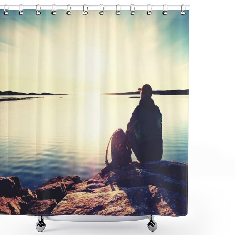 Personality  Man Sit At Evening Sea. Hiker With Backpack Sit In Squatting Position  Along Beach. Shower Curtains