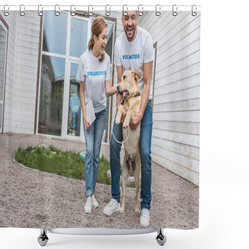 Personality  Two Volunteers Of Animals Shelter Having Fun With Labrador Shower Curtains