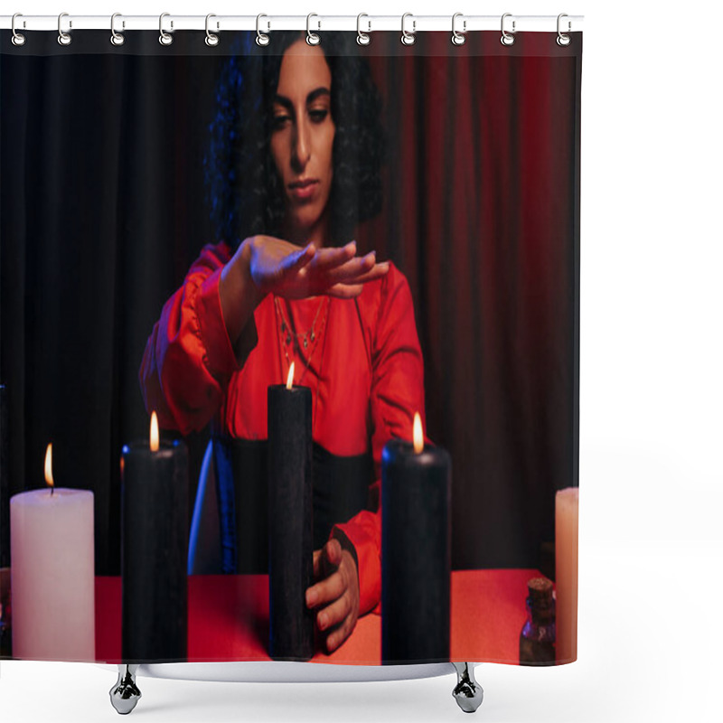 Personality  Brunette Medium Holding Hand Over Burning Candle On Dark Background With Red Drape Shower Curtains