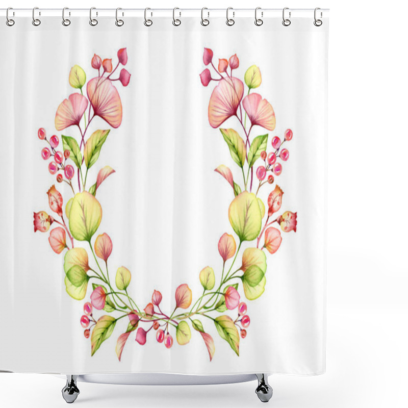 Personality  Watercolor Transparent Floral Arrangement Round Wreath Of Berries, Leaves, Branches In Pastel Pink, Green Orange Red Coral Botanical Illustration Isolated Logo Wedding Design Elements Shower Curtains