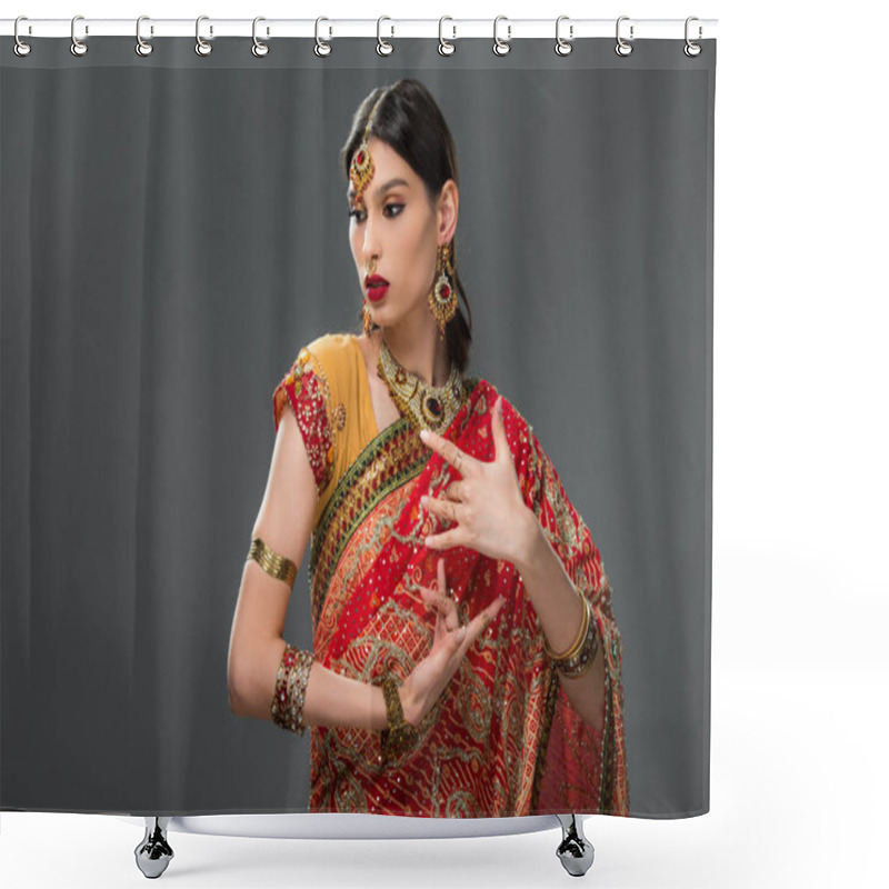 Personality  Attractive Indian Woman Gesturing In Sari And Accessories, Isolated On Grey  Shower Curtains