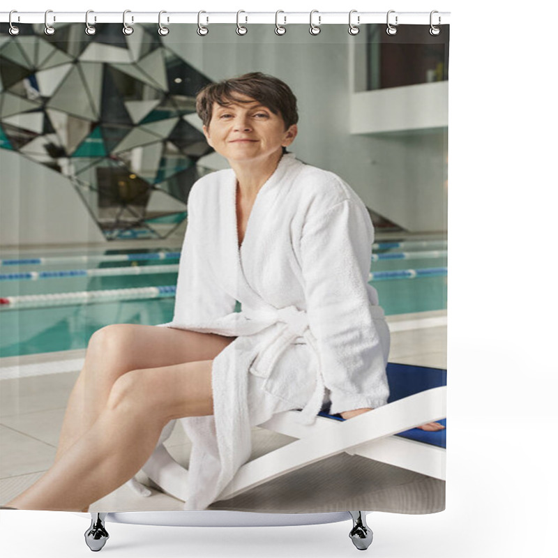 Personality  Middle Aged Woman Sitting On Lounger, White Robe, Spa Center, Indoors, Swimming Pool, Vertical Shower Curtains