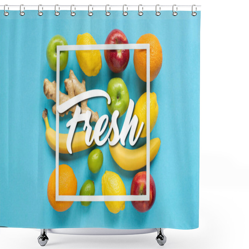 Personality  Top View Of Ripe Whole Fruits And Square Frame On Blue Background, Fresh Illustration Shower Curtains