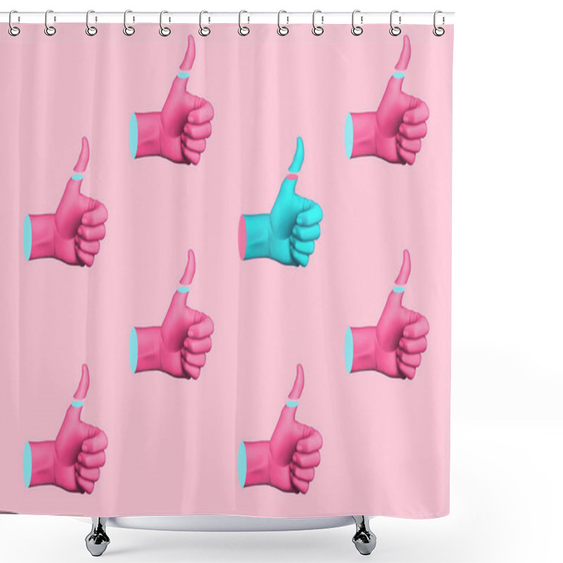 Personality  Contemporary Art Collage With Hands Showing Thumbs Up. Minimal Art, 3d Illustration. Shower Curtains