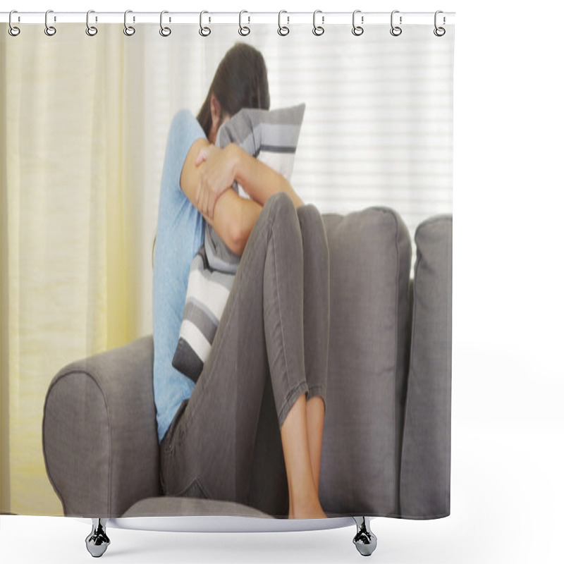 Personality  Mixed Race Woman Having A Stomachache And Hugging Pillow Shower Curtains