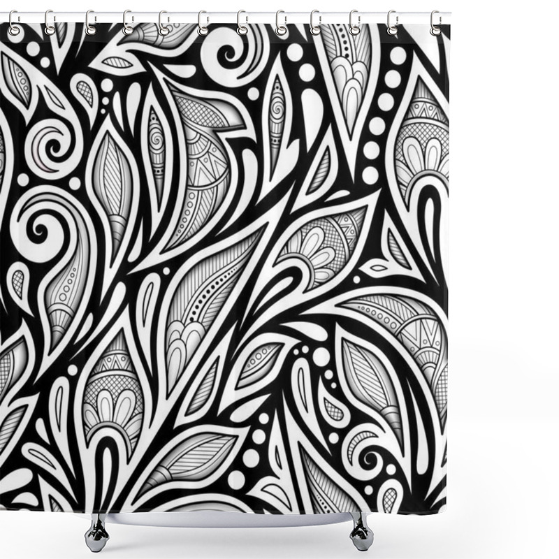 Personality  Monochrome Seamless Pattern With Floral Ethnic Motifs. Endless Texture With Damask Design Element. Indian, Turkish, Paisley Garden Style. Coloring Book Page. Vector 3d Contour Illustration. Ornate Art Shower Curtains