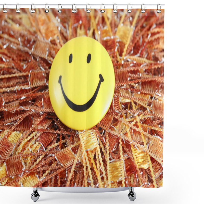 Personality  Yellow Smile Button On Brown Thread Background Shower Curtains