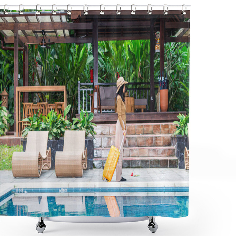 Personality  A Woman Walking By A Poolside With An Orange Suitcase, Wearing A Hat And Stylish Outfit. The Background Features Lush Greenery And A Wooden Structure, Creating A Tropical Vacation Vibe. Shower Curtains