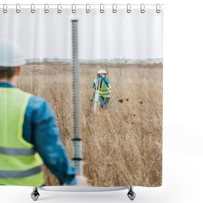 Personality  Selective Focus Of Surveyors With Digital Level And Ruler Working In Field Shower Curtains