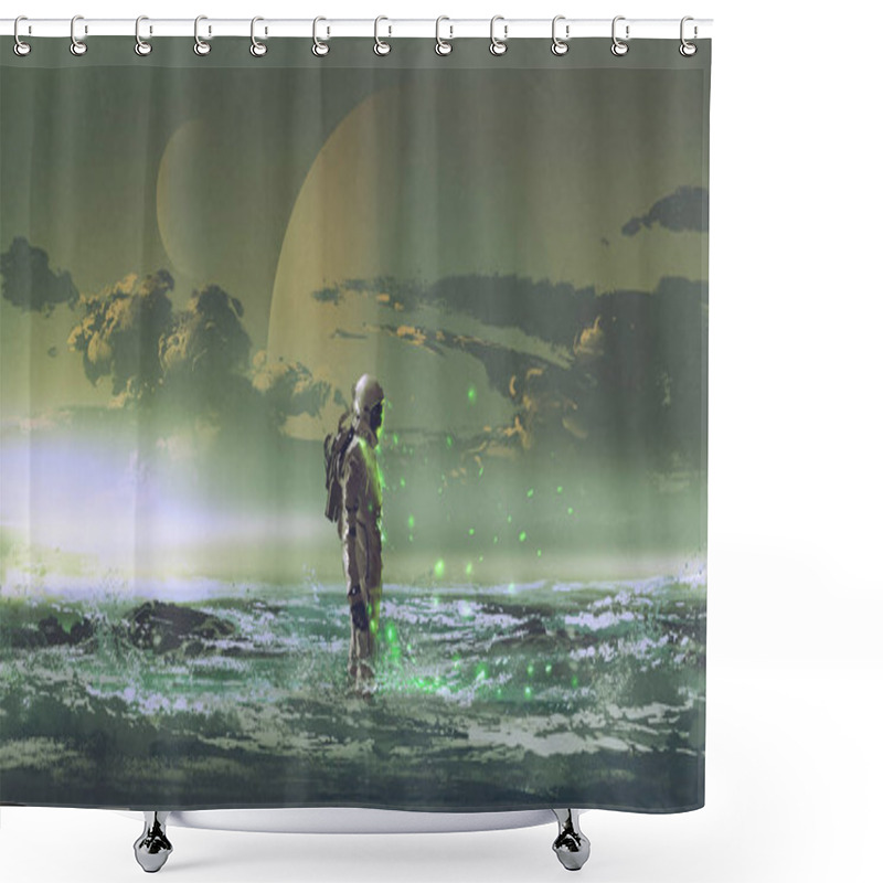 Personality  The Astronaut Standing By The Sea Against Background Of The Planet, Digital Art Style, Illustration Painting Shower Curtains