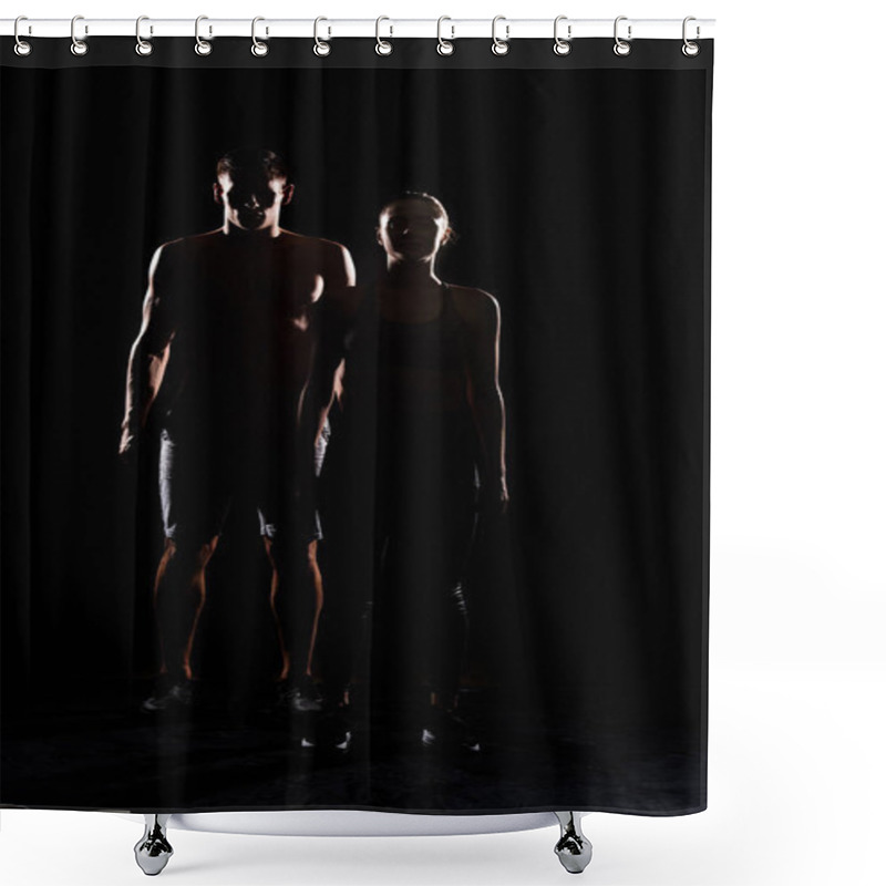 Personality  Silhouettes Of Athletic Young Couple Standing Together On Black  Shower Curtains