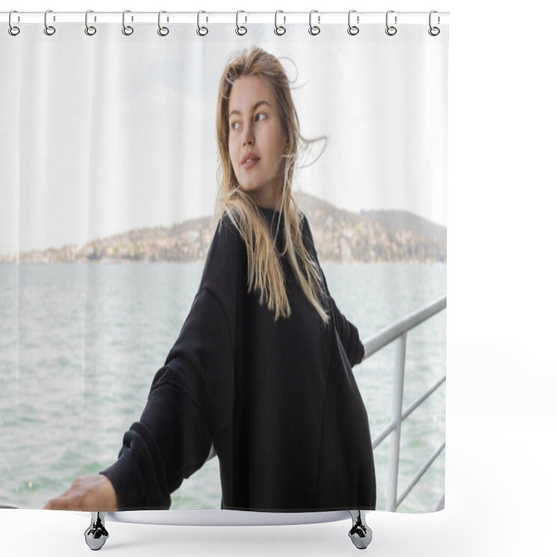 Personality  Pretty Woman In Black Sweater Looking At Sea From Ferry Boat Crossing Bosporus In Istanbul  Shower Curtains