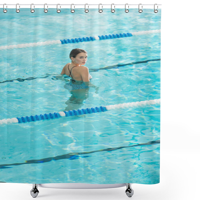 Personality  Back View Of Young Woman Looking At Camera In Swimming Pool  Shower Curtains