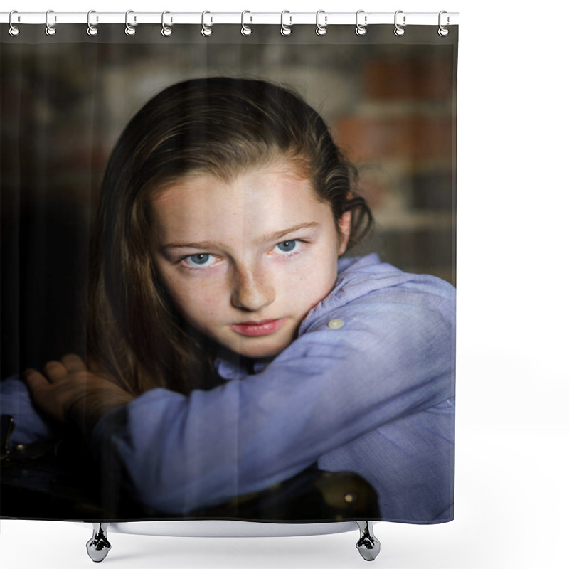 Personality  Cute Schoolgirl Portrait, Close-up Shower Curtains