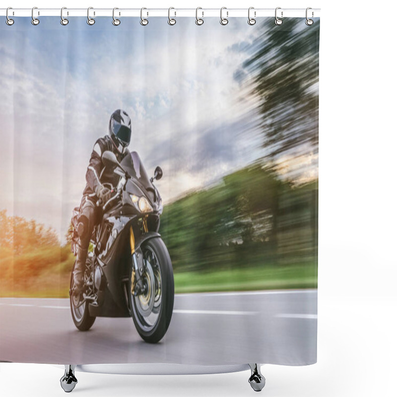 Personality  Motorbike On The Road Riding. Having Fun Riding The Empty Road O Shower Curtains