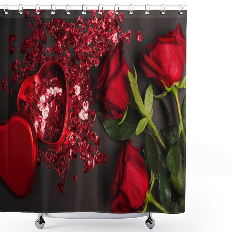 Personality  Top View Of Red Roses Near Metallic Heart-shaped Box And Shiny Confetti On Black Shower Curtains